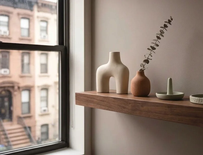 Minimalist decor on a wooden shelf in a Knots Counseling office, creating a calm and professional environment for therapy in New York.