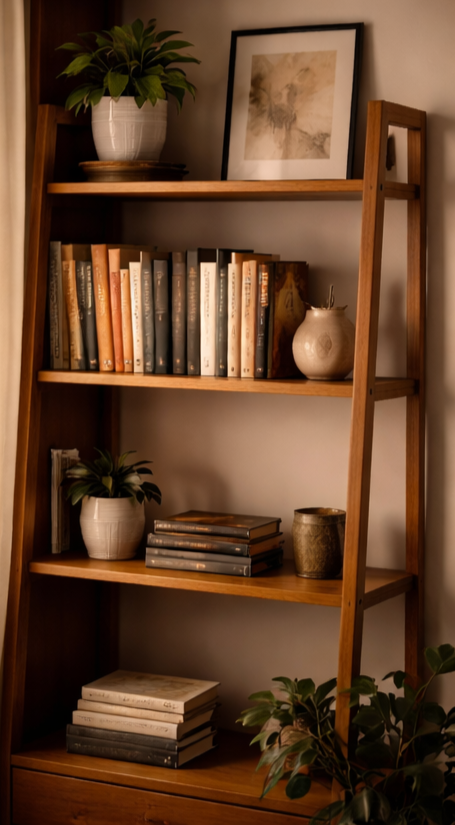 A curated wooden bookshelf with plants and clinical texts at Knots Counseling in Downtown Brooklyn, reflecting a space dedicated to depth, curiosity, and professional clinical supervision.