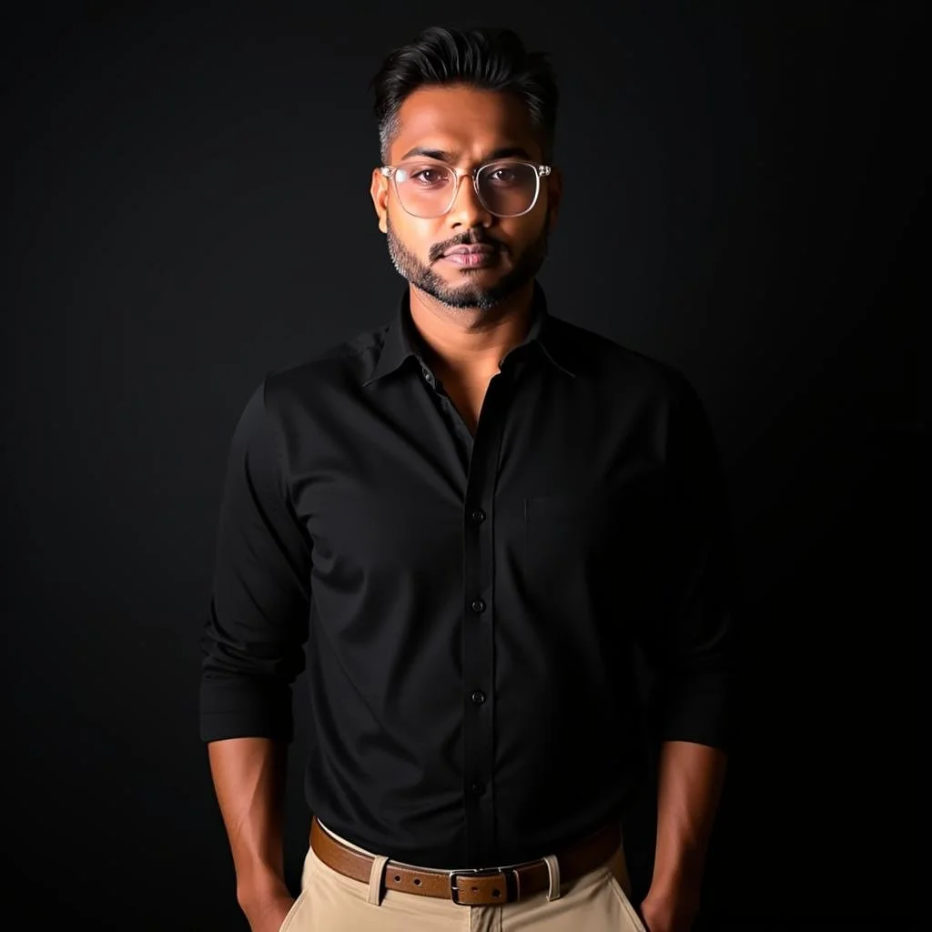 A young man with glasses and a beard posing against a black background, wearing a black button-up shirt and beige pants.