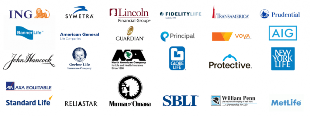 Collection of various insurance company logos, including ING, Symetra, Lincoln, Fidelity Life, Transamerica, Prudential, Banner Life, American General, Guardian, Principal, VOYA, AIG, John Hancock, Gerber Life, North American Company, Globe Life, Protective, New York Life, AXA Equitable, Standard Life, Reliastar, Mutual of Omaha, SBLI, William Penn, and MetLife.