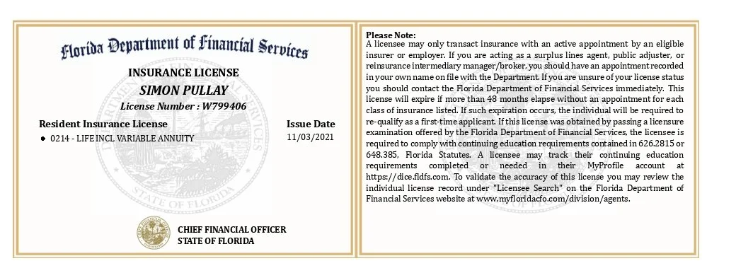 Florida Department of Financial Services insurance license for Simon Pullay, issued November 3, 2021, with license number W799406, for resident insurance license 0214 - life including variable annuity.