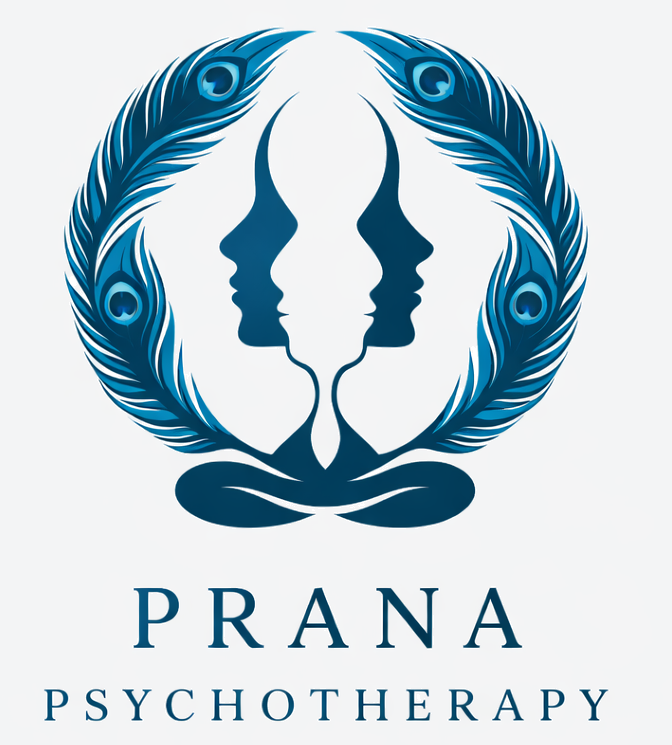 A logo for Prana Psychotherapy featuring two stylized human profiles facing each other, surrounded by a peacock feather wreath, with the words "PRANA PSYCHOTHERAPY" below.