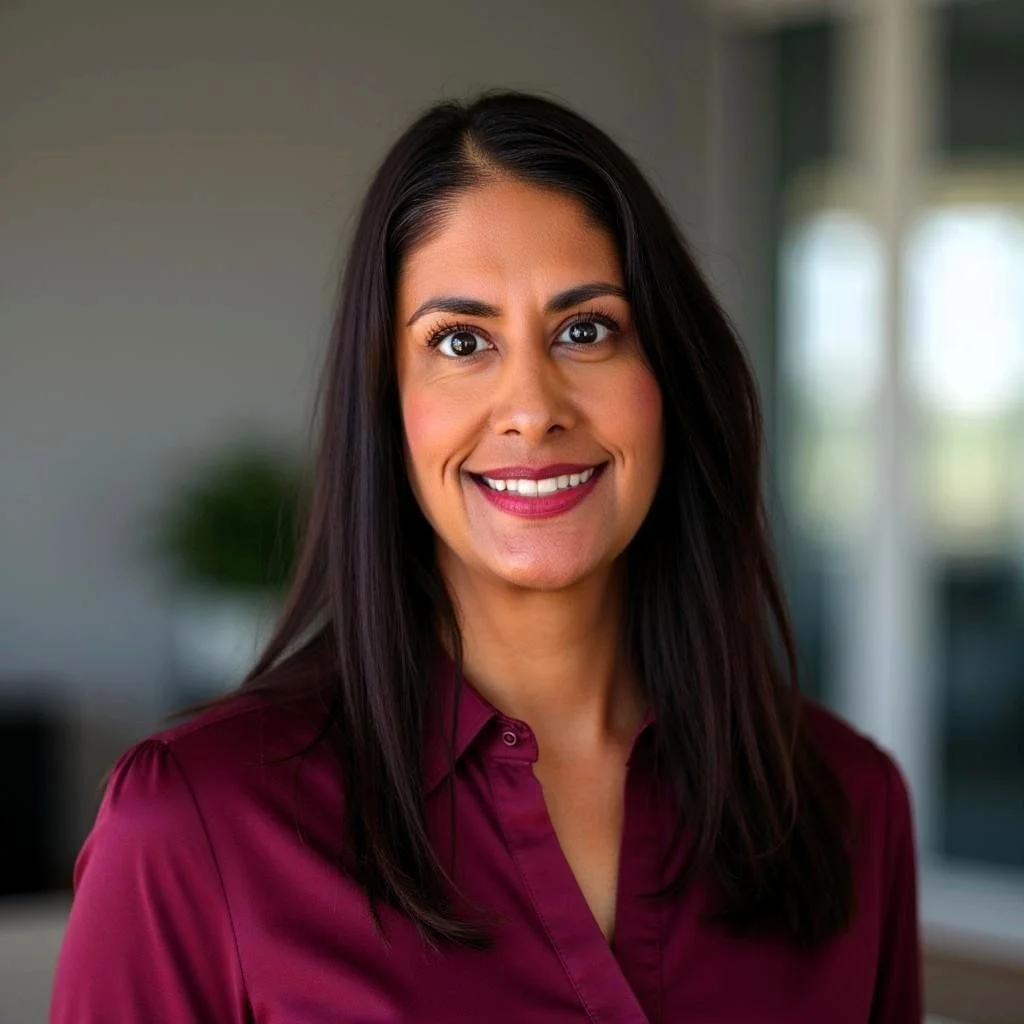 A woman with long dark hair, smiling, wearing a maroon blouse, in a well-lit indoor setting.