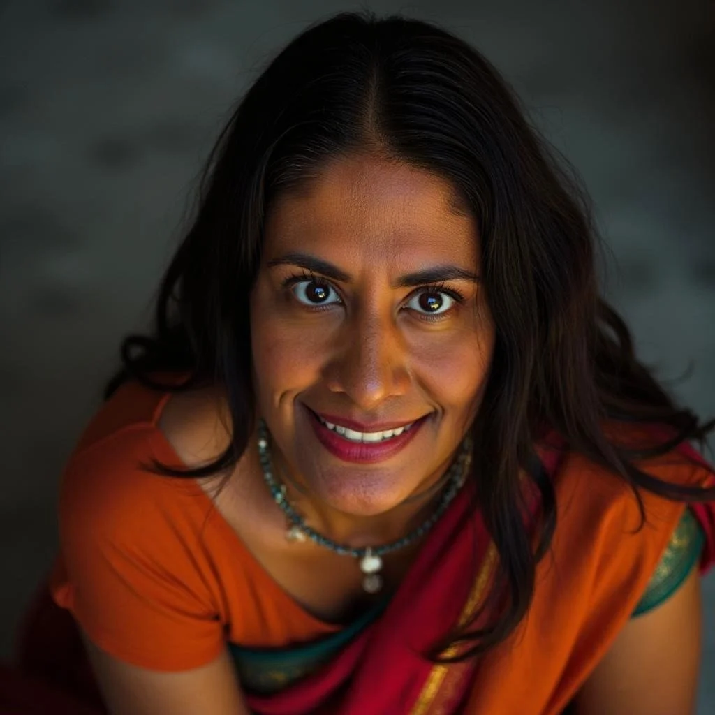 A woman with medium skin, long black hair, and bright eyes smiles while looking up at the camera. She is wearing an orange and green traditional Indian outfit and a necklace.