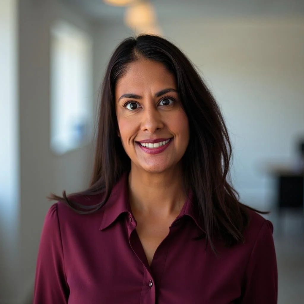 A woman with shoulder-length dark hair smiling in a professional setting.