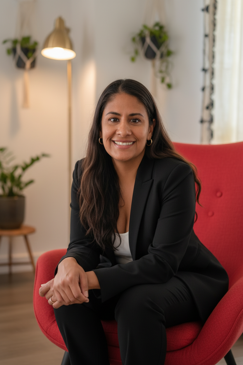 A woman with long dark hair, wearing a black blazer and pants, smiling and sitting on a red armchair in a cozy, well-lit room with plants and a lamp in the background.