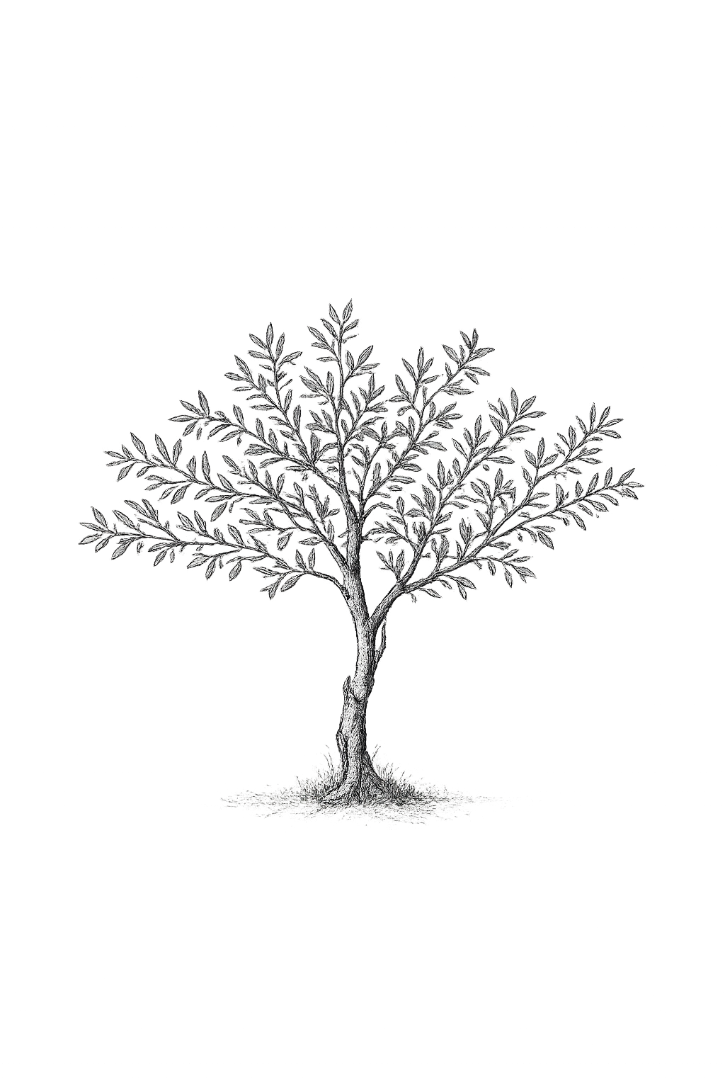 A monochrome illustration of a small tree with dense foliage on a black background.