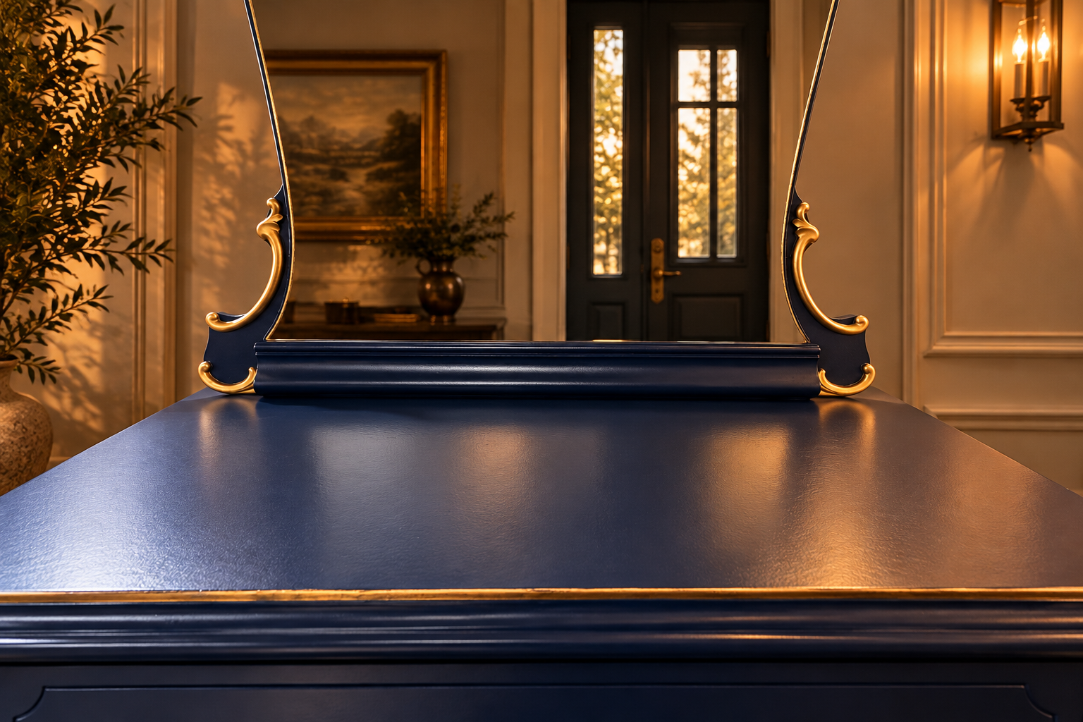 Close-up of The Lune Noire Vanity's deep navy tabletop and ornate mirror base featuring decorative gold scrollwork and a smooth refinished surface.