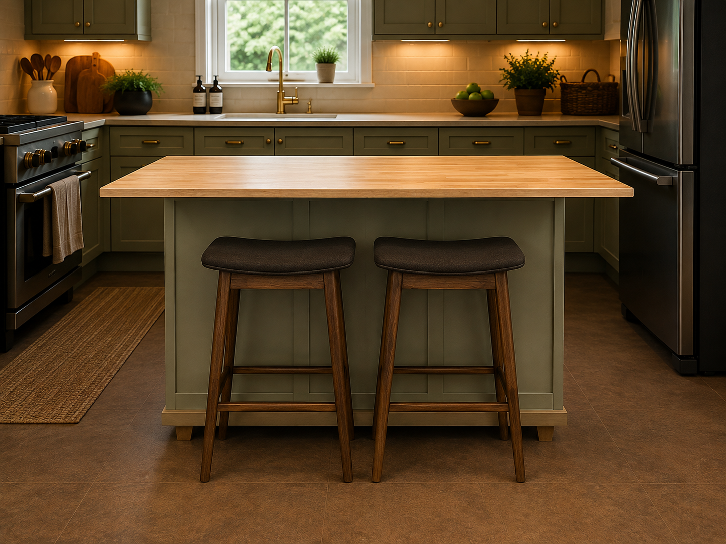 The Sagewood Cabinet functioning as an expandable kitchen island with a natural wood countertop and seating for two.