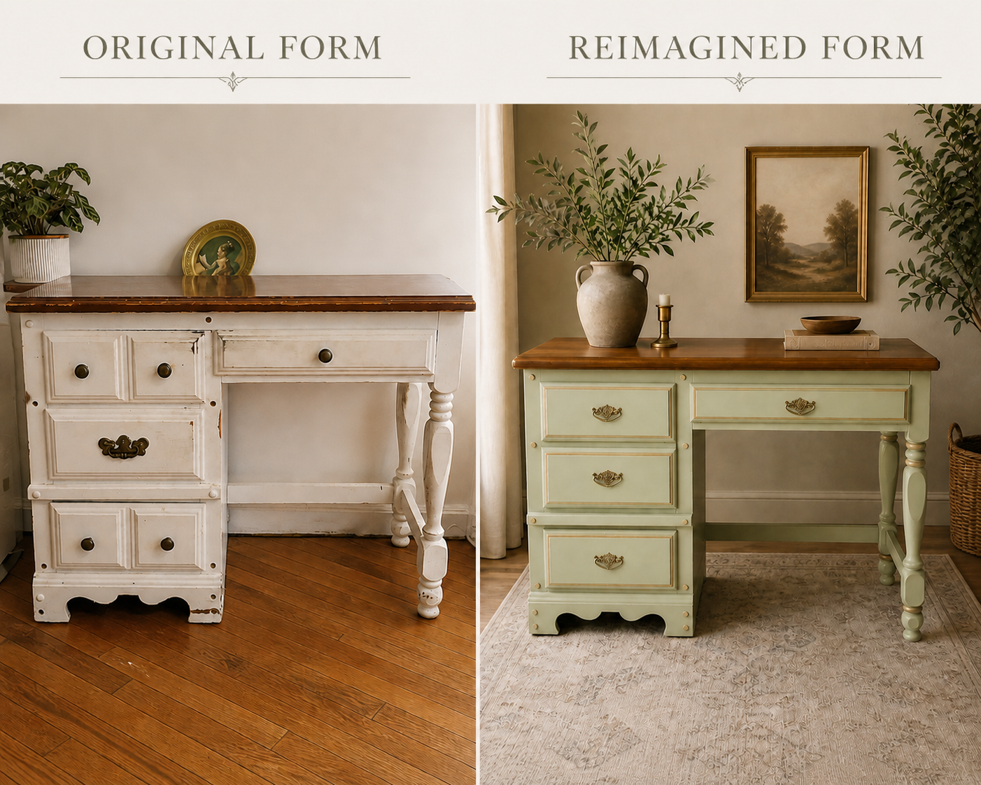 Comparison of an old, distressed white desk on the left and a restored, painted green desk with a wooden top on the right, showing the transformation of the furniture piece.