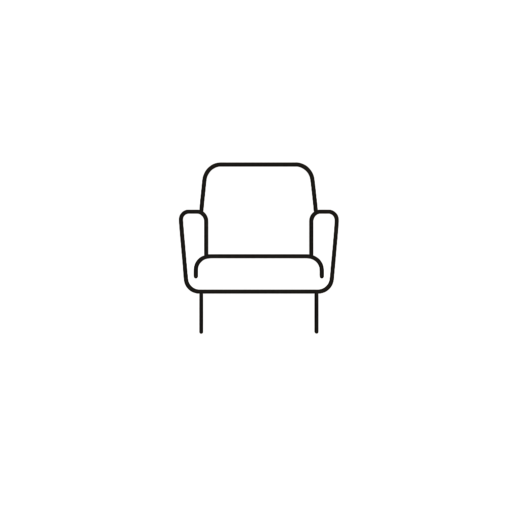 Outline drawing of a modern armchair with a rounded back, armrests, and a cushioned seat.