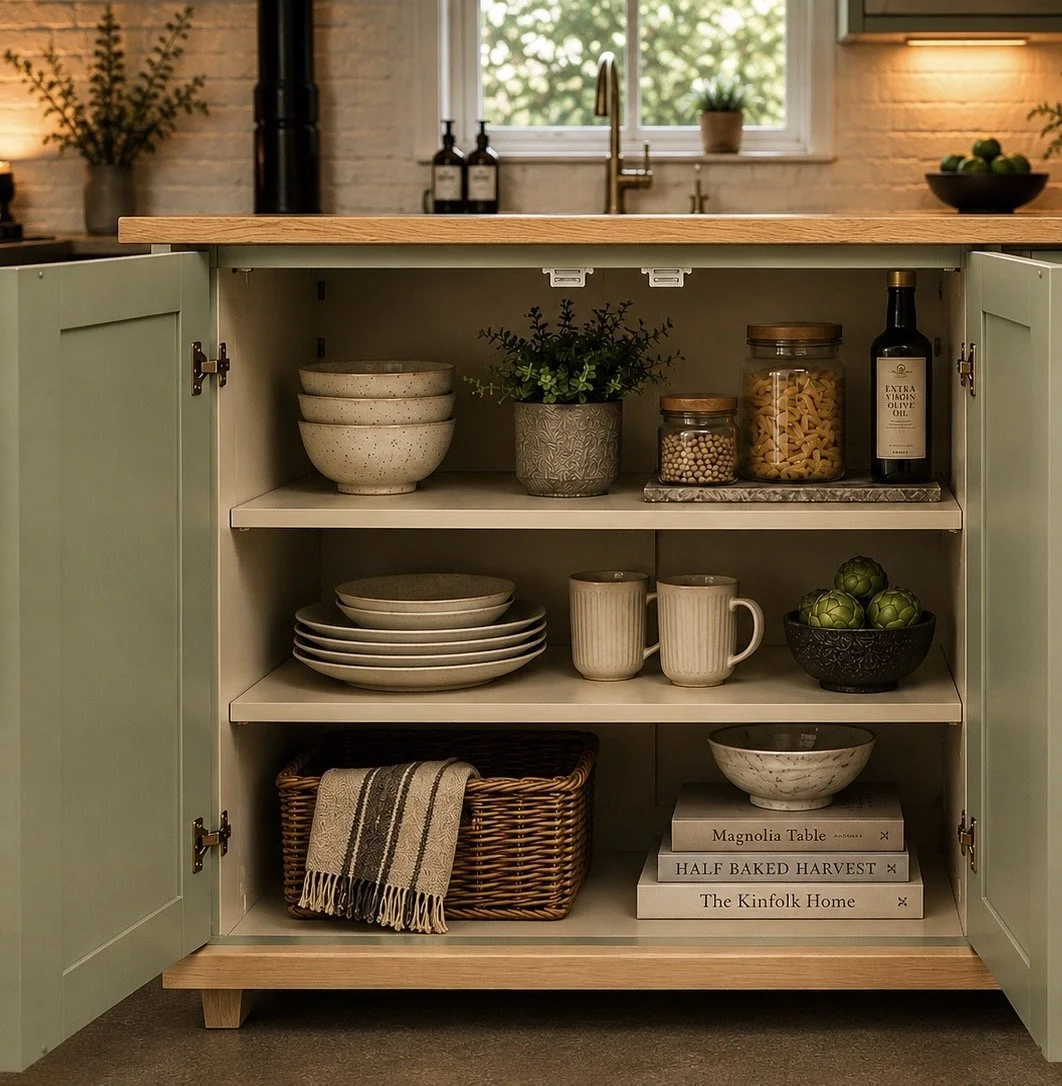 Open sage green kitchen storage cabinet displaying shelves organized with dishes, baskets, books, and decorative accessories.
