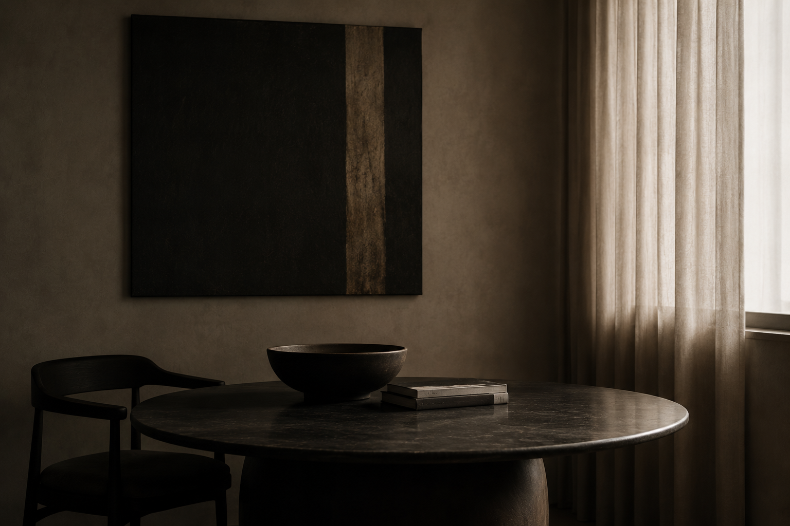A minimalist dining room with a dark round table, a black bowl, a stack of books, a black chair, wall art, and beige curtains.