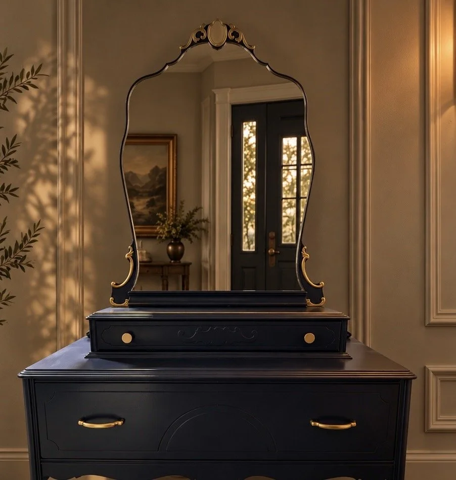 Restored vintage vanity with an ornate curved mirror, gold decorative accents, and a raised upper drawer featuring round brass knobs.