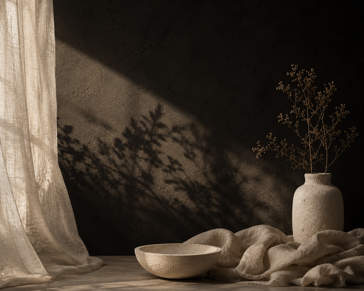 A beige textured vase with dried branches, a matching bowl, and sheer draped fabric on a light wooden surface against a dark textured wall, with shadows cast by the branches.