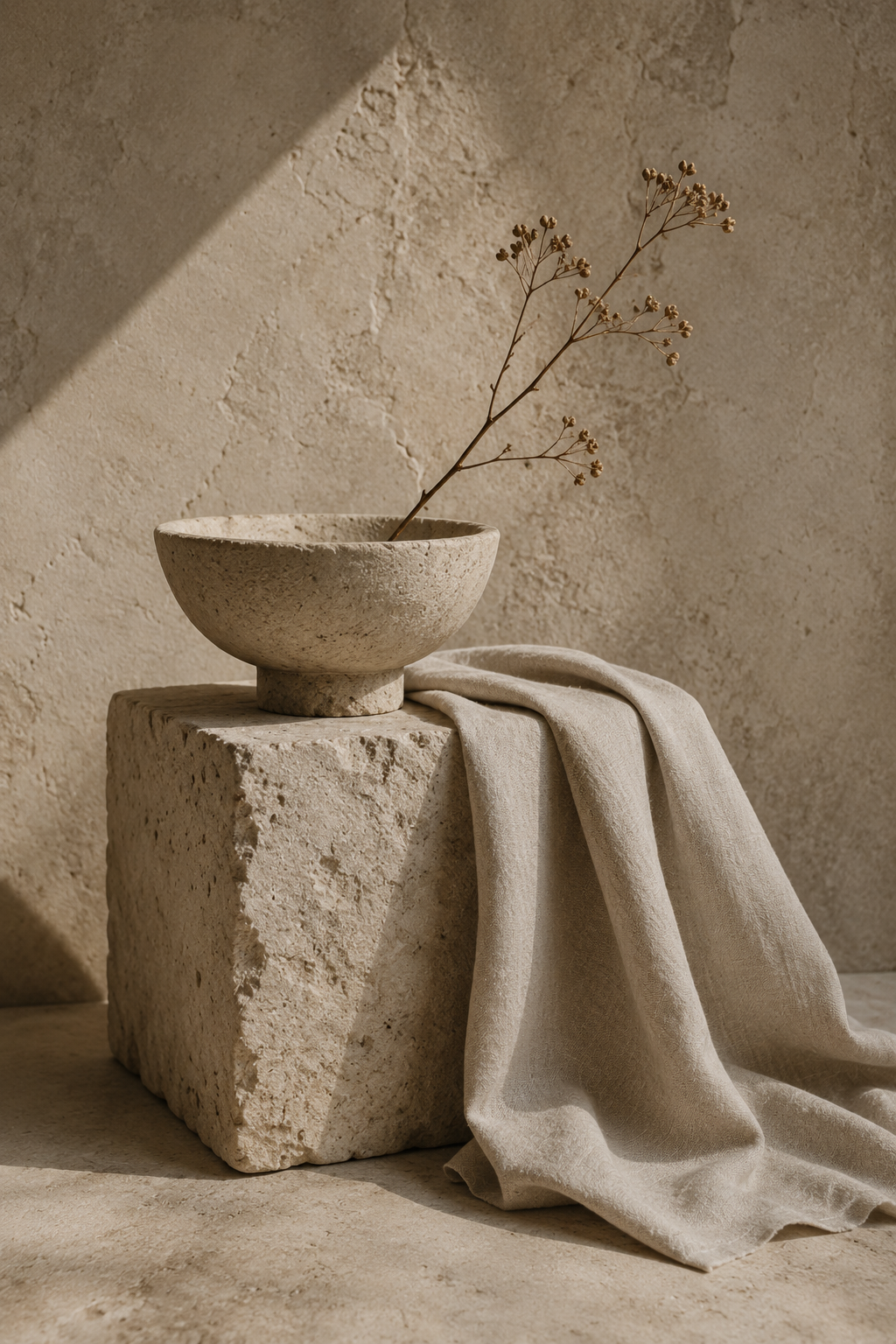 A minimalist still life with a stone bowl holding a dried branch on a textured stone cube, with a draped beige cloth in front, set against a neutral textured background.
