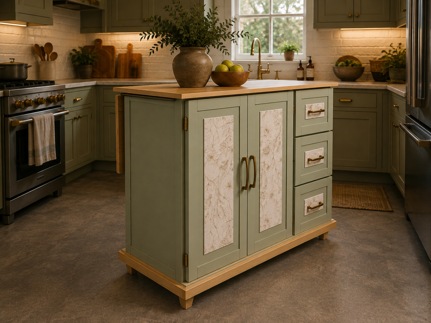 The Sagewood Cabinet styled as a sage green kitchen island, combining botanical detailing, natural wood surfaces, and practical kitchen storage.