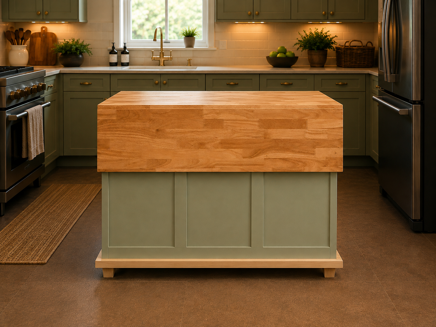 Rear view of The Sagewood Cabinet showing its compact configuration with the expandable natural wood countertop folded down.