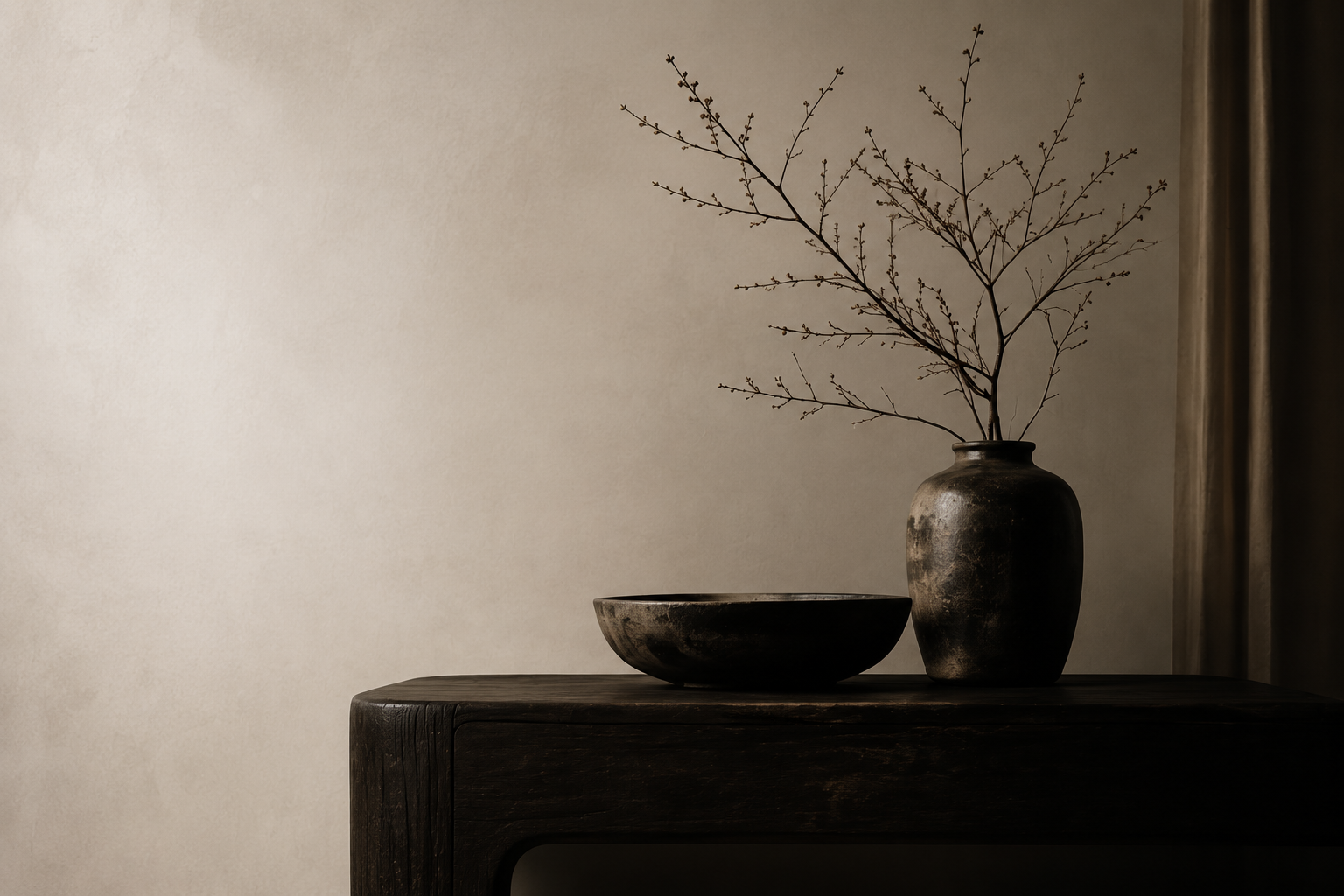 A minimalist scene with a dark wooden table holding a ceramic bowl and a tall vase with bare branches, against a plain beige wall.