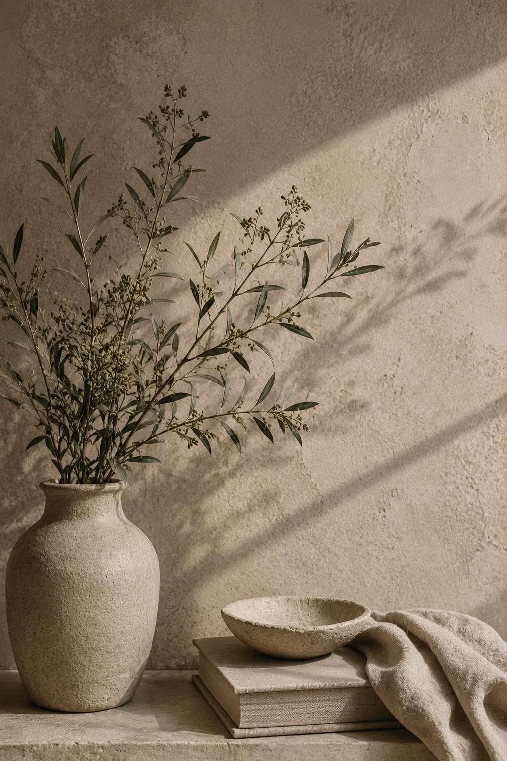 A textured beige wall with a shadow cast across it. In front, a beige ceramic vase holding green leafy branches, a shallow bowl, a closed book, and a cloth are arranged on a beige surface.