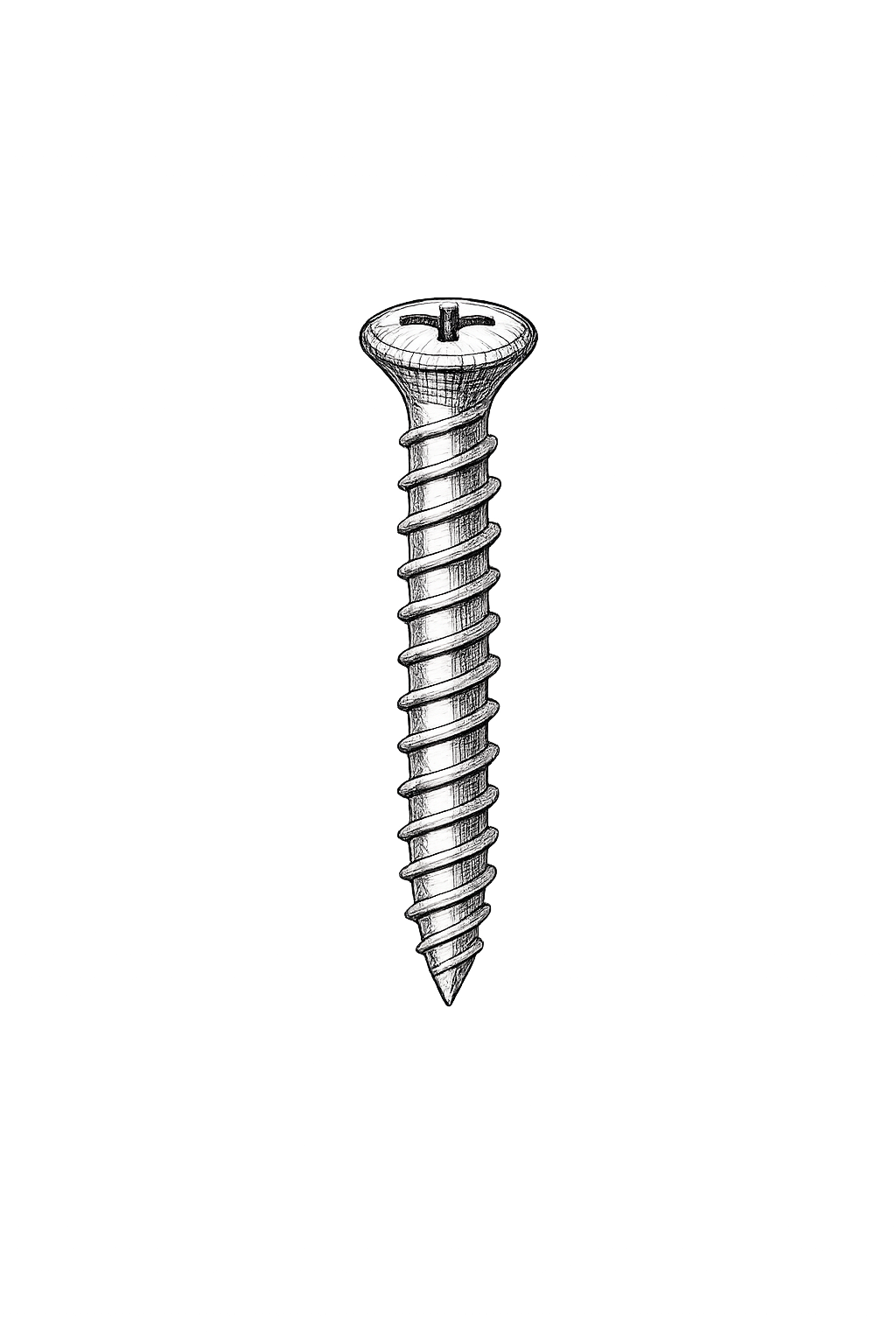 Black and white illustration of a screw with a cross-shaped slot on top.