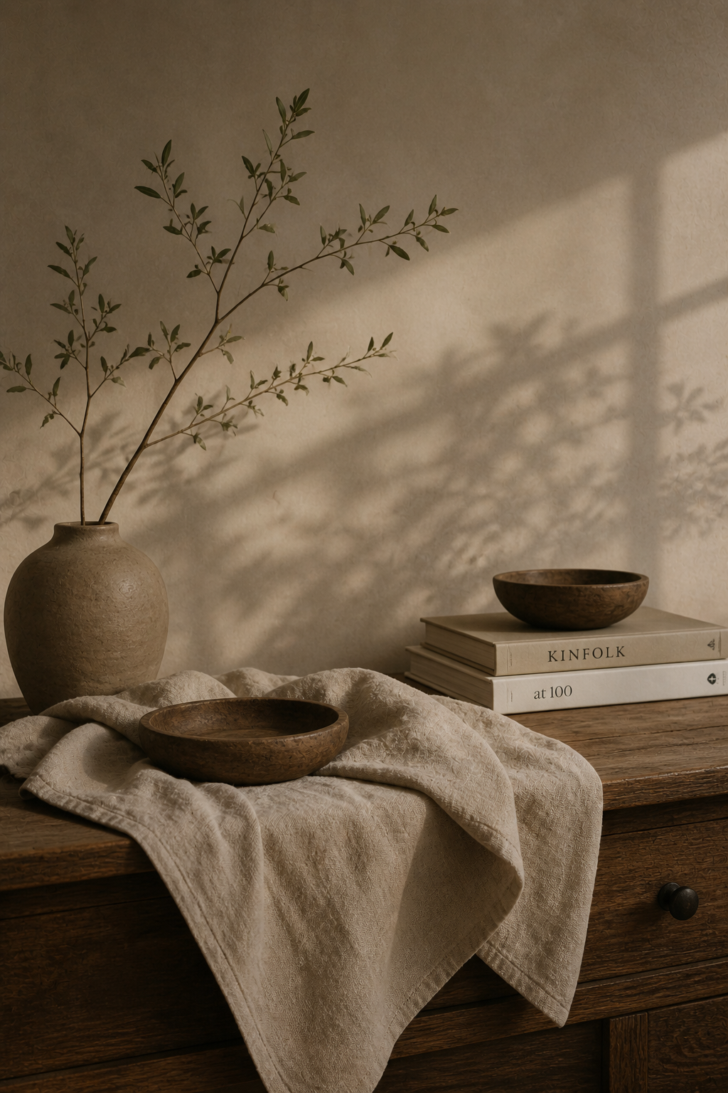 A still life arrangement on a wooden surface with a beige cloth, a small clay bowl, a larger wooden bowl, a ceramic vase with green leafy branches, and three books, one titled "KINFOLK".