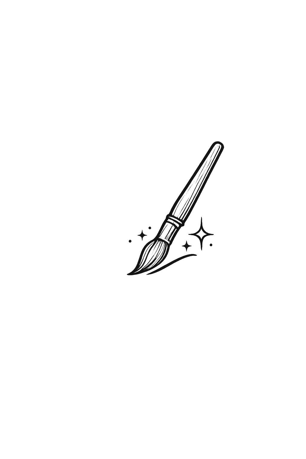 Black and white illustration of a makeup brush with sparkle effects.