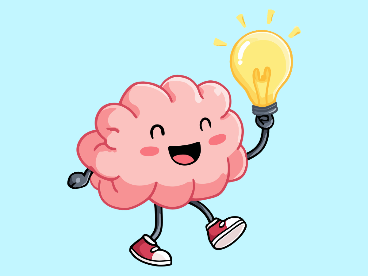 A cartoon illustration of a happy pink brain with a face, arms, and legs, holding a lit yellow light bulb, and wearing red sneakers, set against a light blue background for The Energy Audit workshop at The Landline in Lincoln, Nebraska