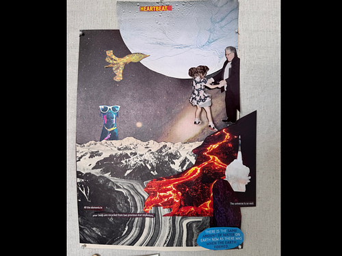 Art made in the Existential Mojo workshop at The Landline in Lincoln. A surrealist mixed media collage by Dr. Holmgreen