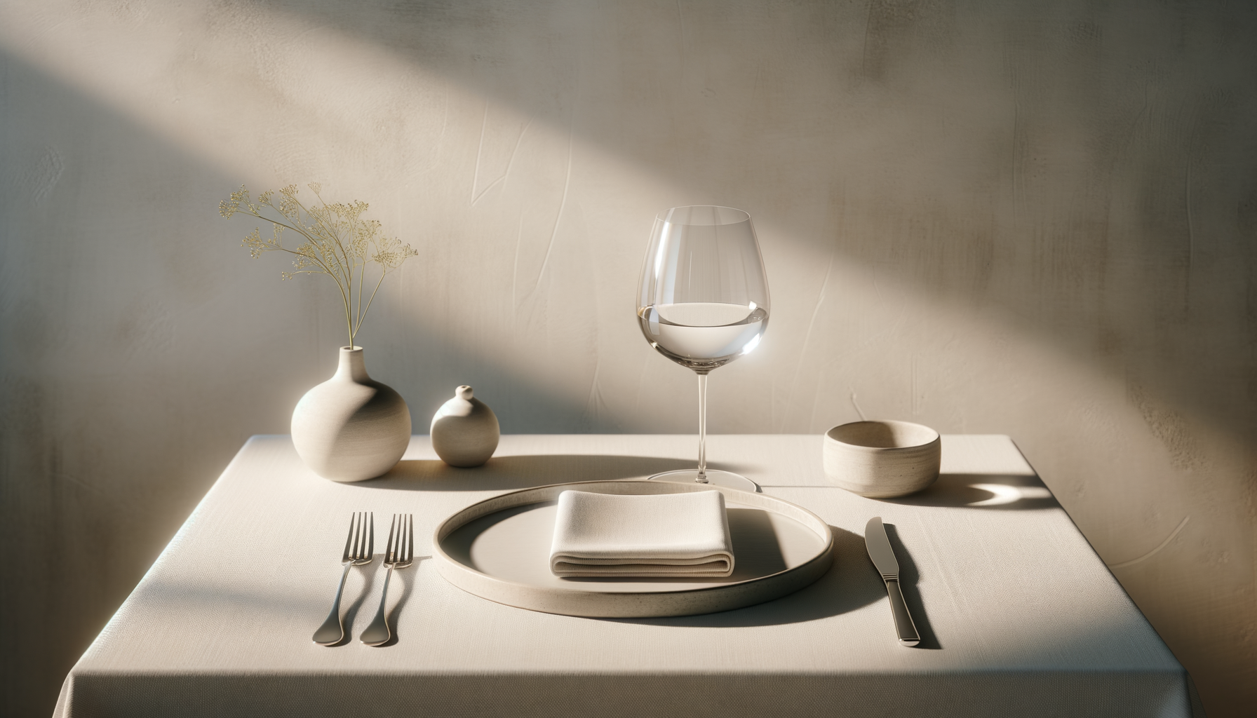 Minimalist table setting with a folded white napkin on a round plate, two forks on the left, a knife on the right, a glass of water, a small bowl, and vases with dried flowers, lit with natural light.