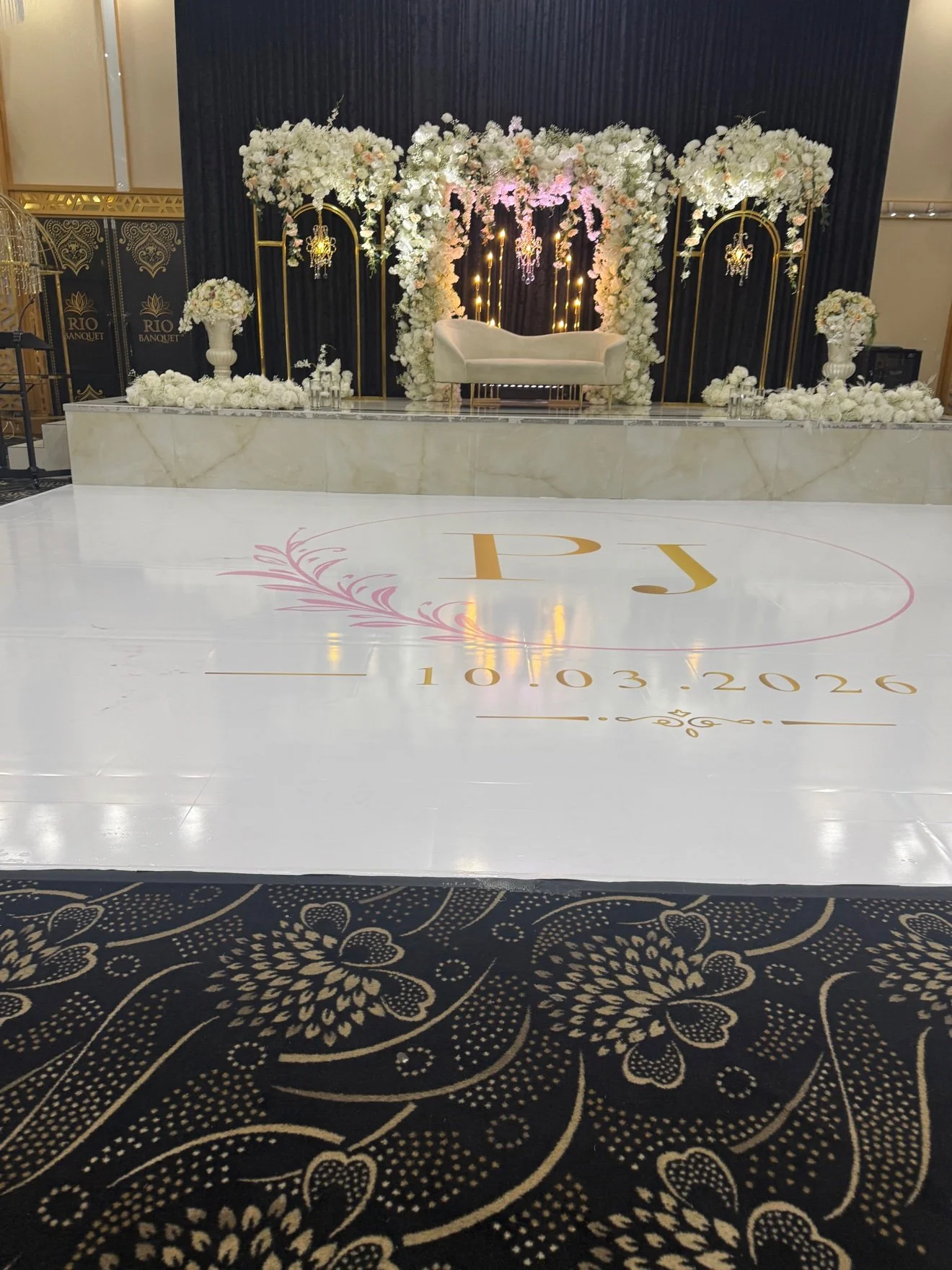 Custom printed dance floor & stage styling — Rio Banquet