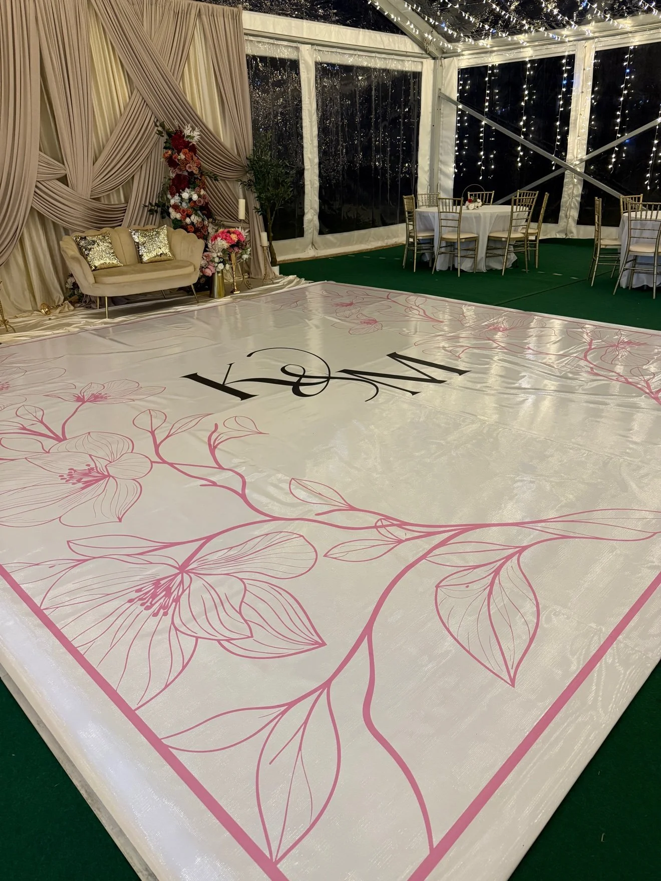 Custom monogram dance floor — tent wedding