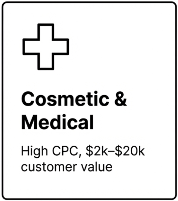 osmetic and Medical industry card showing a medical cross icon with the note: High CPC, $2k–$20k customer value.