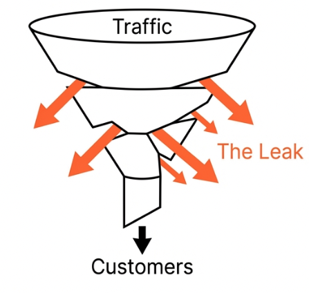 Diagram showing traffic entering a funnel with arrows leaking out the sides, labelled 'The Leak', with only a small amount reaching 'Customers' at the bottom.