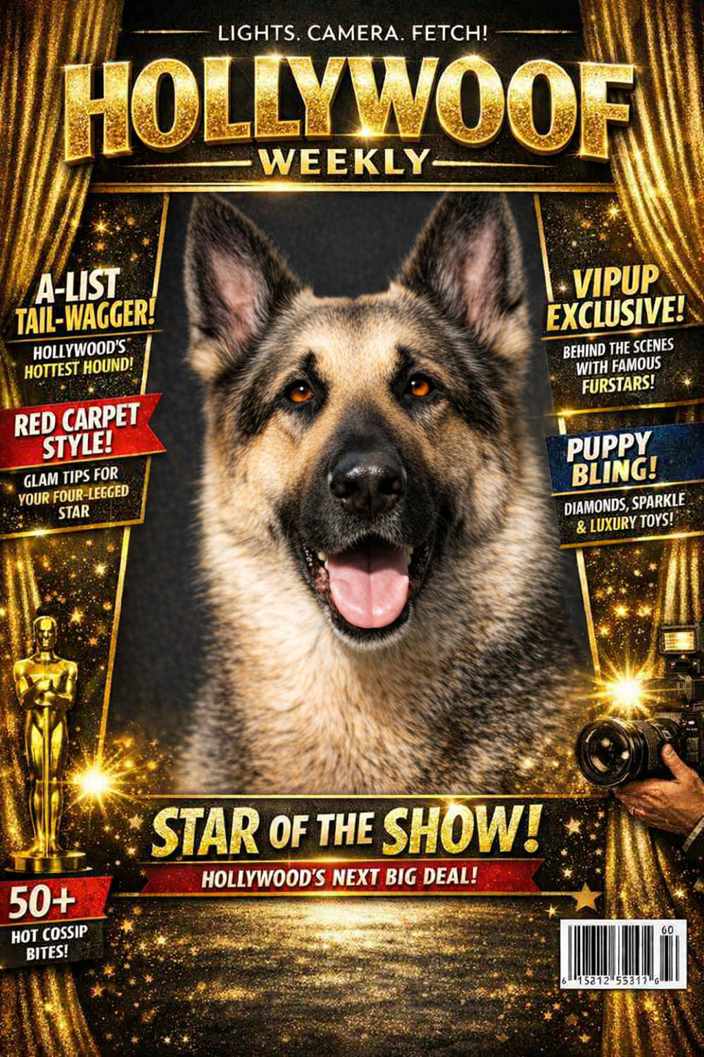 Magazine cover titled 'Hollywood Weekly' featuring a large photo of a smiling German Shepherd dog. The cover has gold and black starry background with gold curtains on the sides. Headlines highlight celebrity news, dog tips, luxury toys, and Hollywoo
