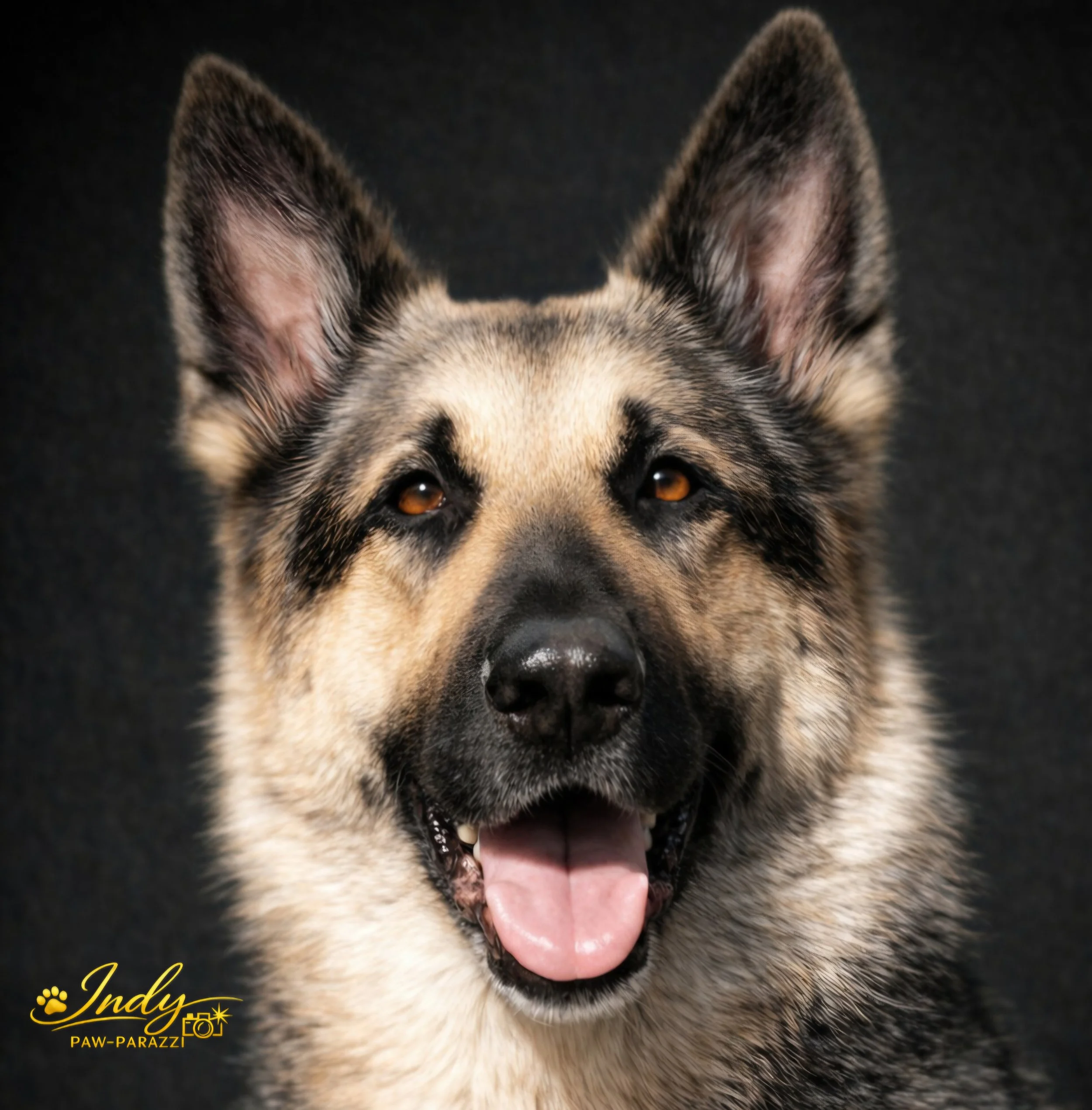 Close-up photo of a happy German Shepherd dog with its tongue out, set against a dark background.