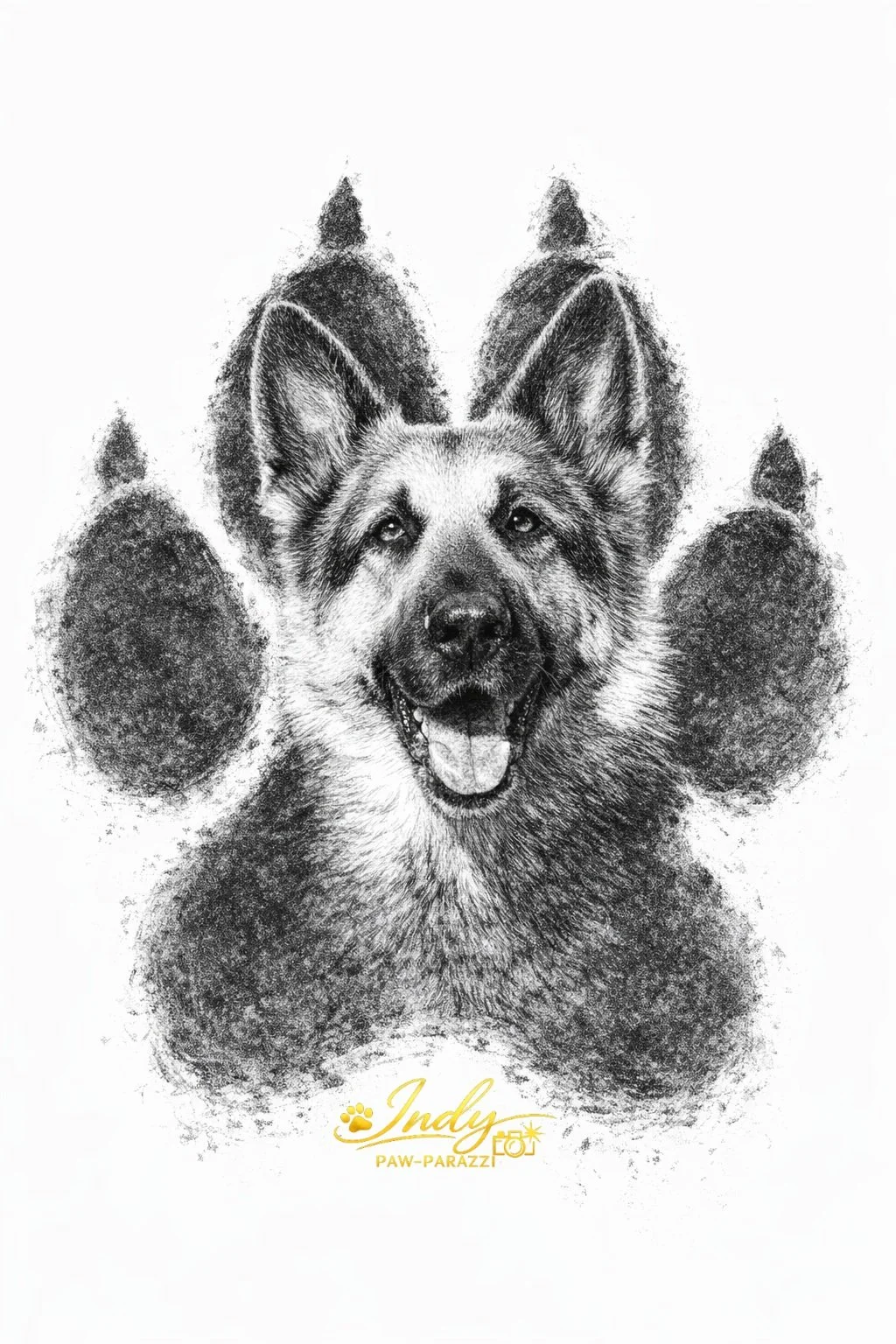 Black and white charcoal drawing of a happy German Shepherd dog set inside a pawprint.