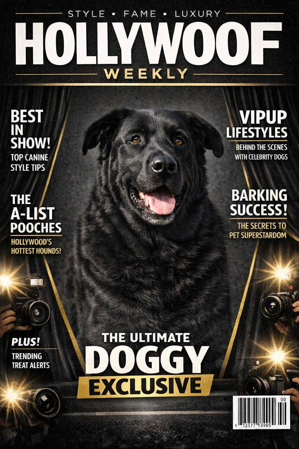 Magazine cover titled 'Hollywood Weekly' featuring a black dog with happiness and excitement expression, surrounded by headlines about dogs and celebrity dog lifestyles, with photographers taking pictures and bright stage lights.