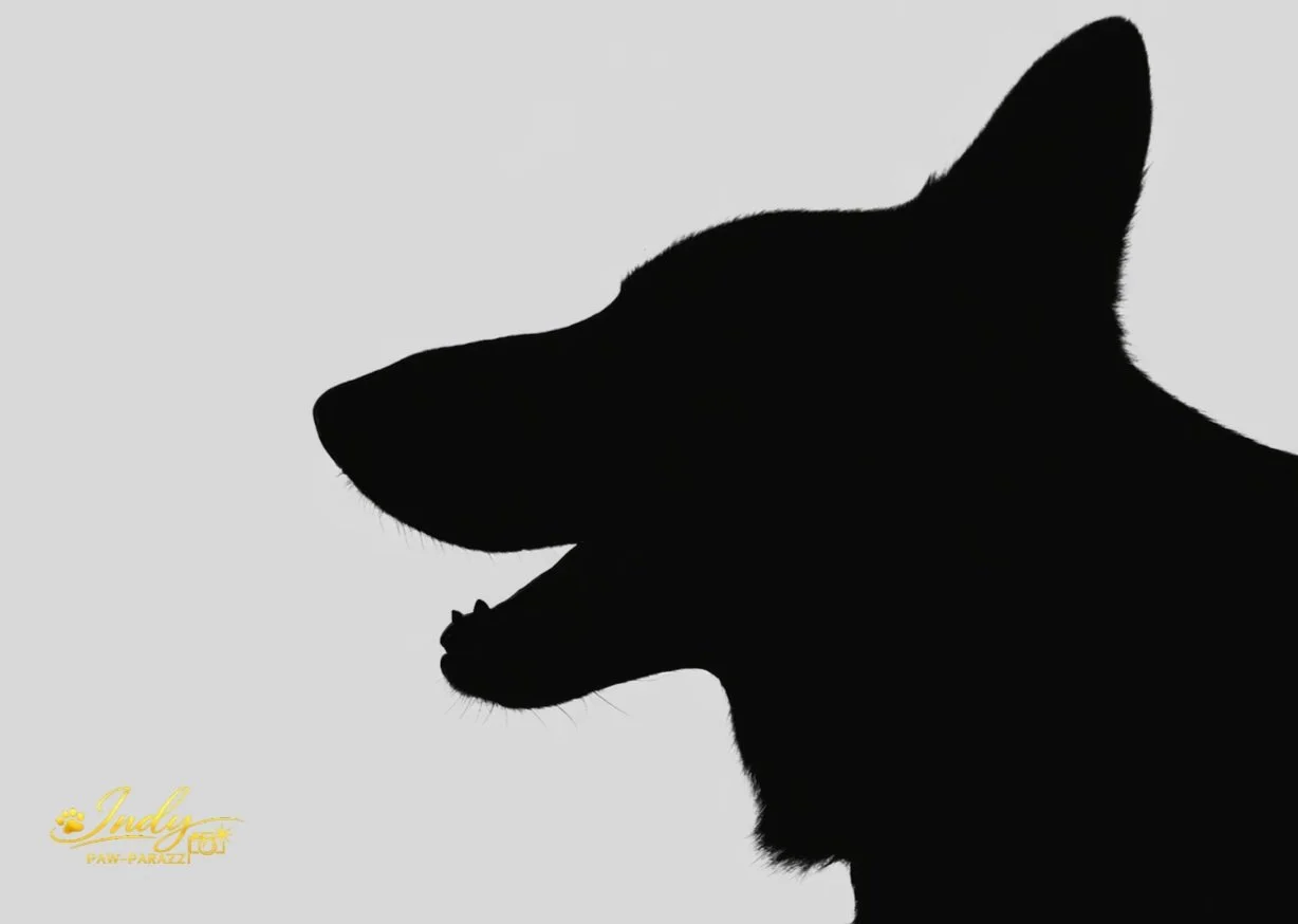 Silhouette of a dog's head with its mouth open, showing the teeth and tongue, on a light gray background.