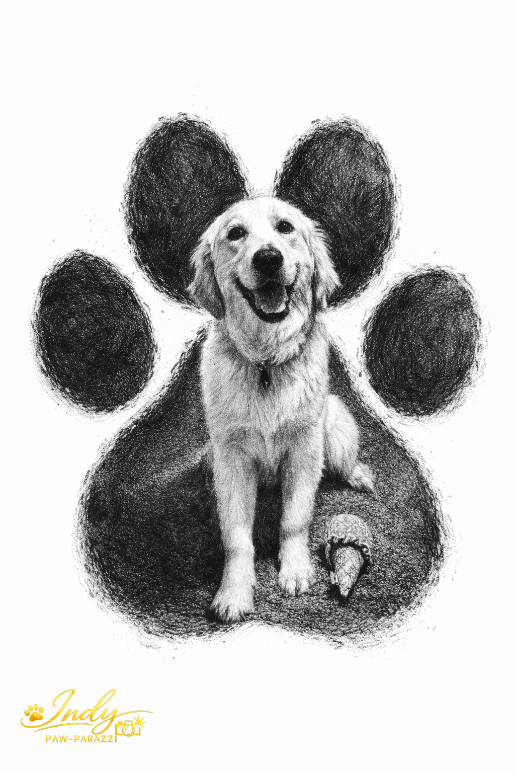 A black and white charcoal drawing of a happy doggy, surrounded by a large paw print.