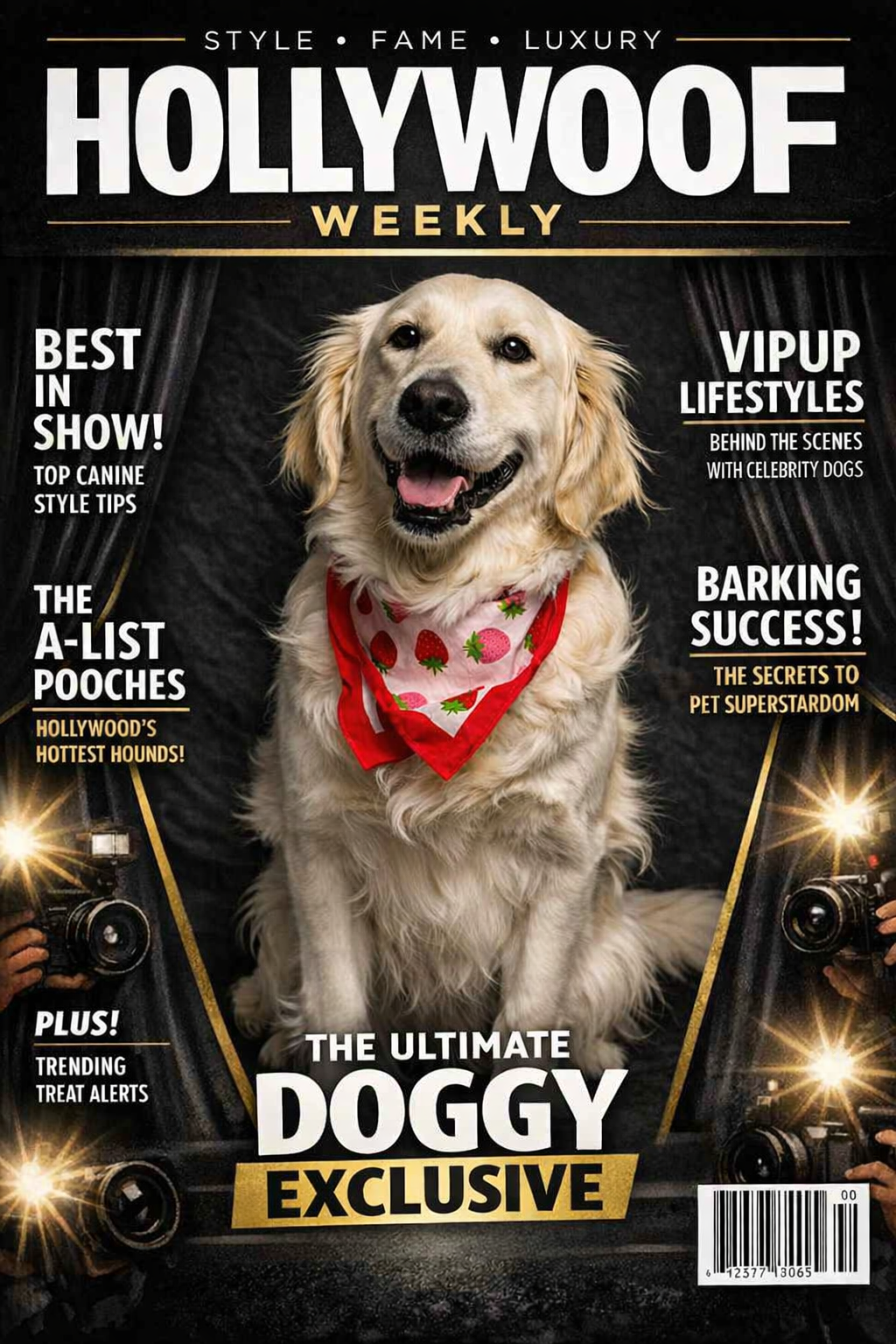 Magazine cover titled 'HOLLYWOOF WEEKLY' featuring a happy golden retriever wearing a strawberry-patterned bandana, surrounded by headlines about dogs, celebrity pet lifestyles, and insider pet secrets, with a barcode at the bottom right corner.