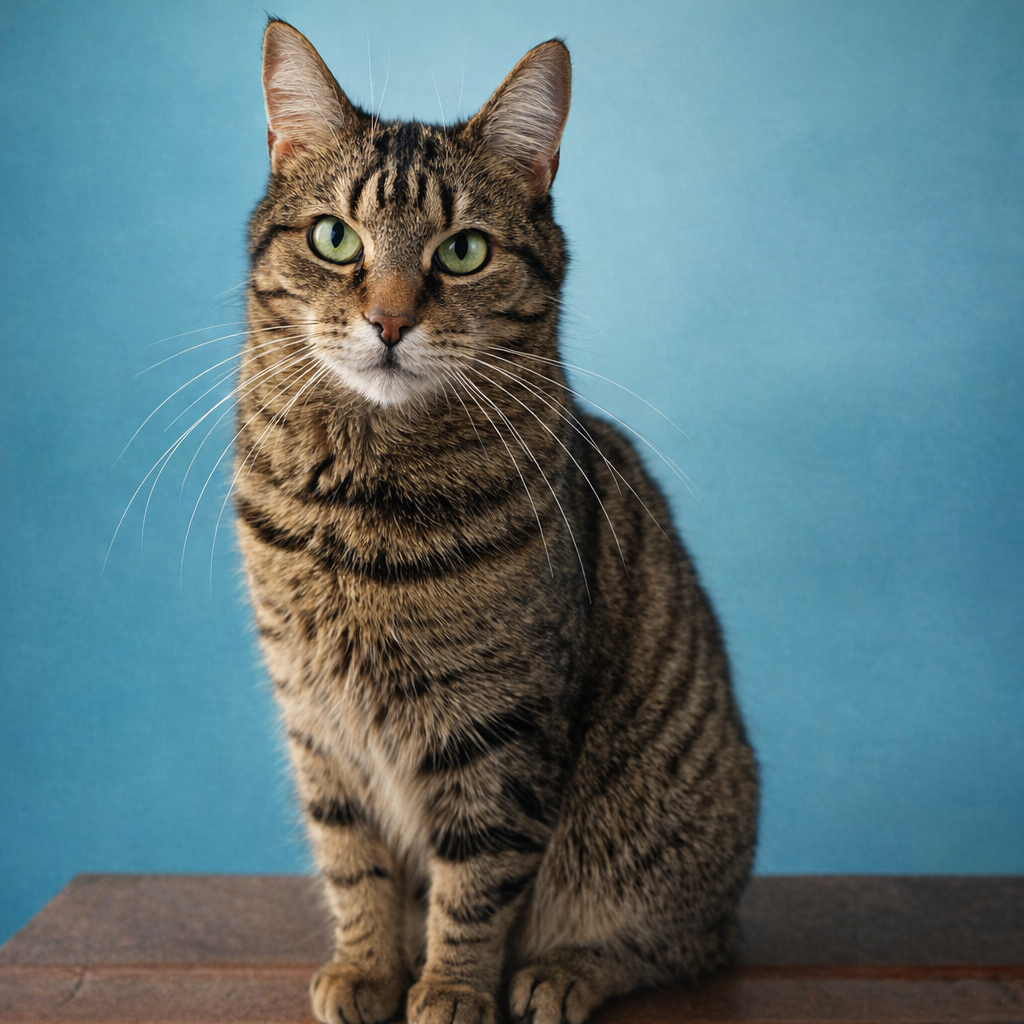 A tabby cat with green eyes sitting on a wooden surface against a blue background.