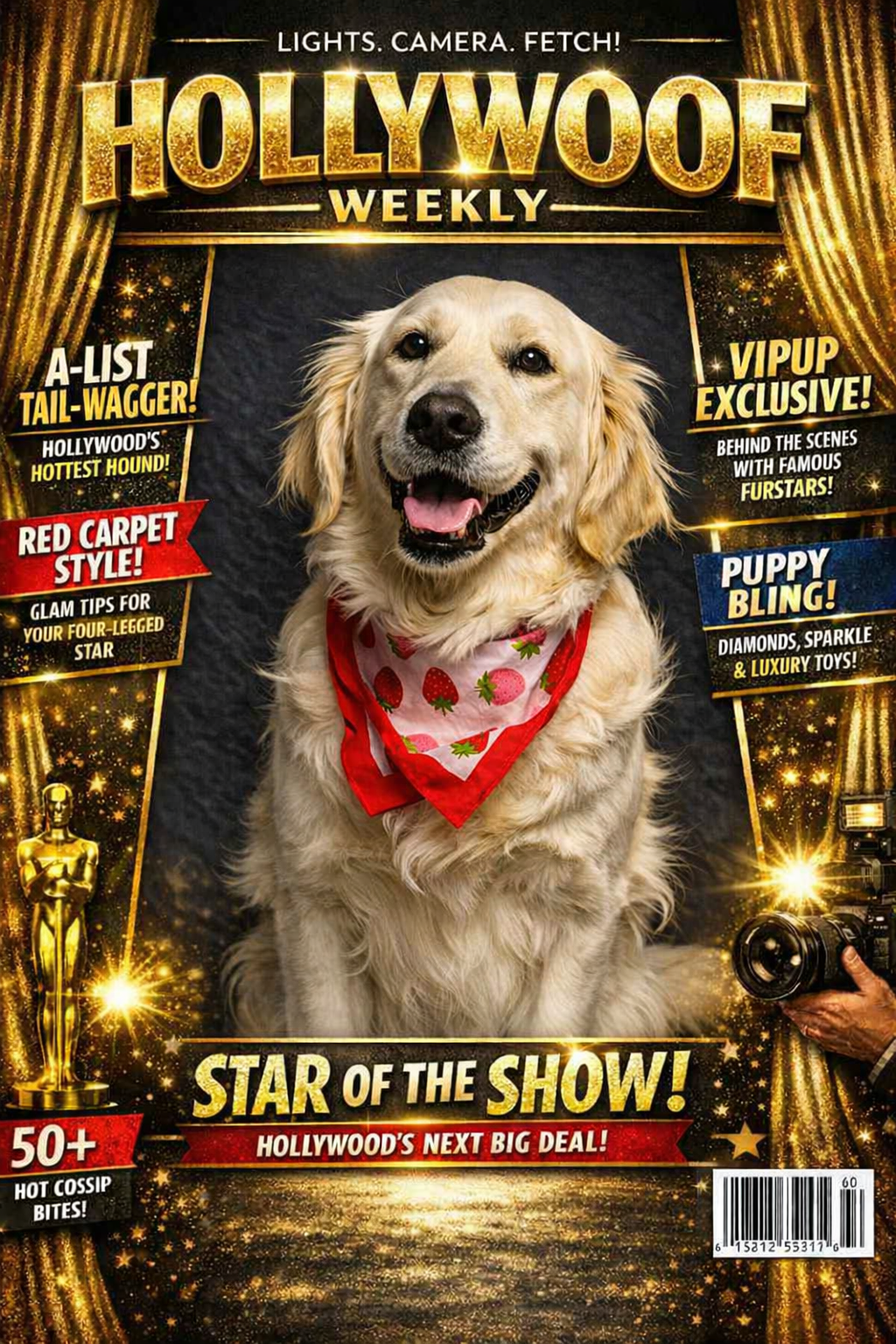 A magazine cover titled 'Hollywood Weekly' featuring a golden retriever dog smiling, wearing a red bandana with strawberries. The cover is decorated with gold stars and curtain-like borders, highlighting Hollywood-style awards and celebrity gossip th
