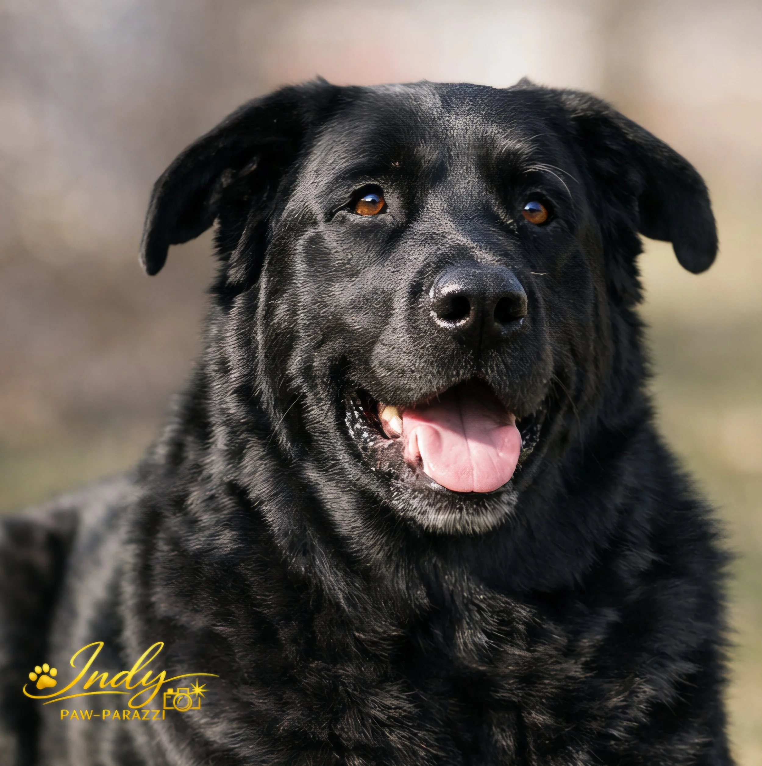 Close-up photograph of a happy black Labrador Retriever dog with its tongue out, outdoors during daytime.