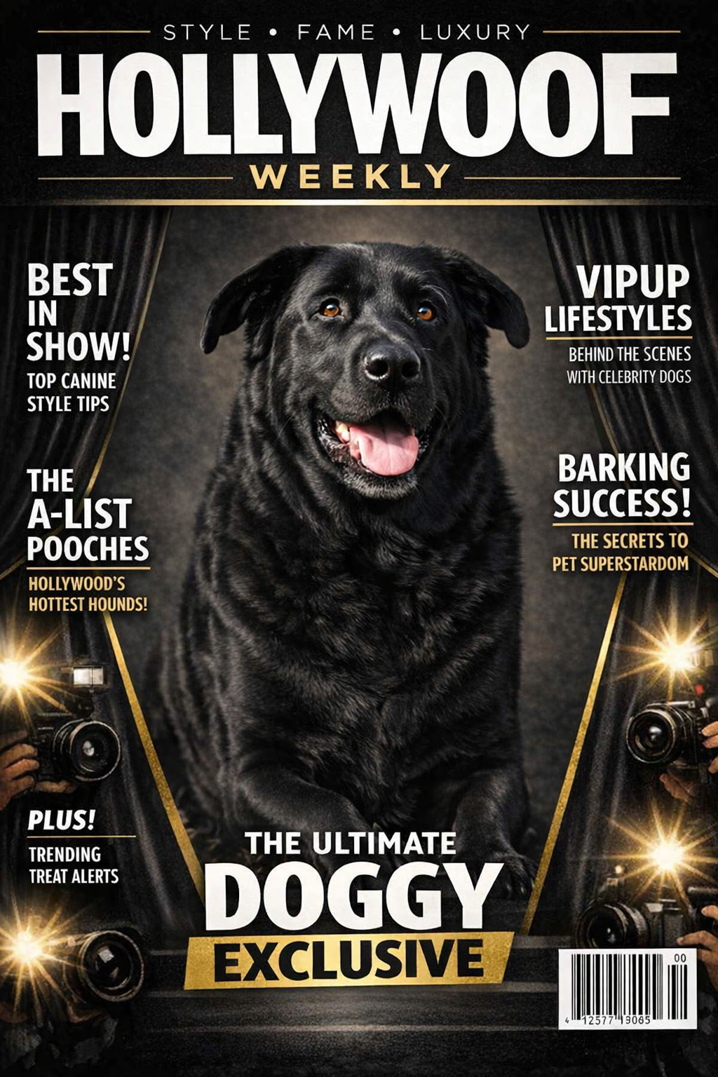 Magazine cover titled "Hollywood Weekly" featuring a black dog with a happy expression and open mouth in the center. Headlines include "Best in Show!", "The A-List Pooches", "Plus! Trending Treat Alerts", "Vipup Lifestyles", "Barking Success!", and "