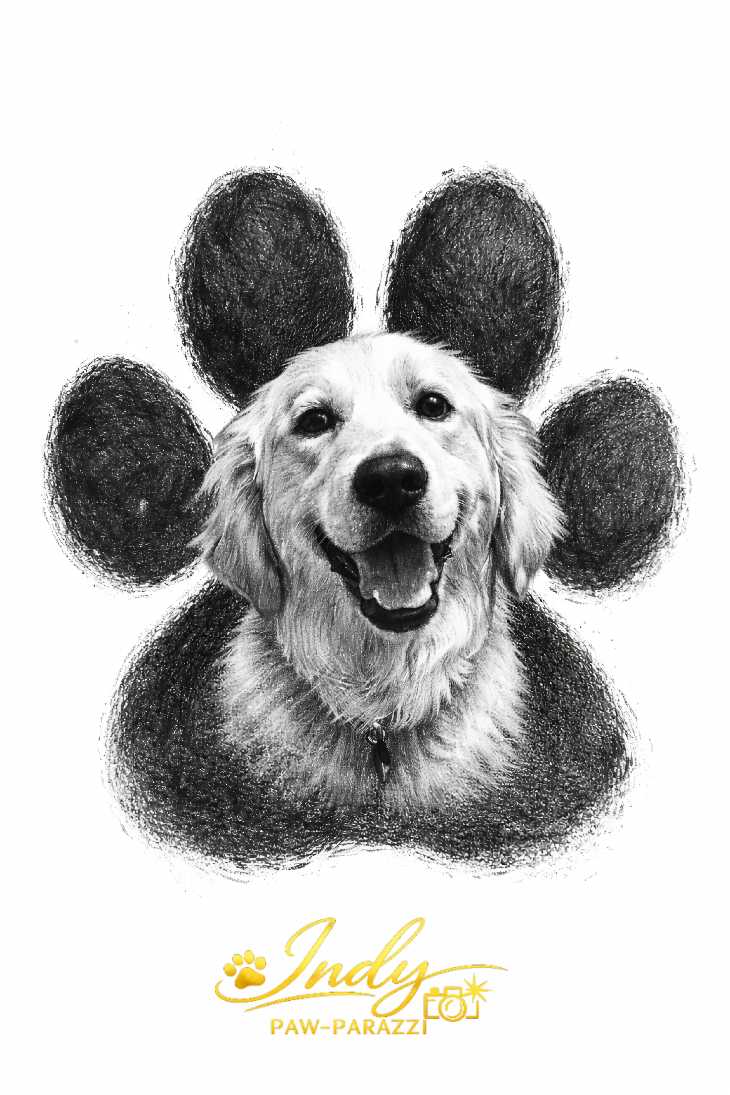 Drawing of a smiling pupper with a cheerful expression, set against a paw print background. Text at the bottom reads 'INDY PAW-PARAZZI' in gold.