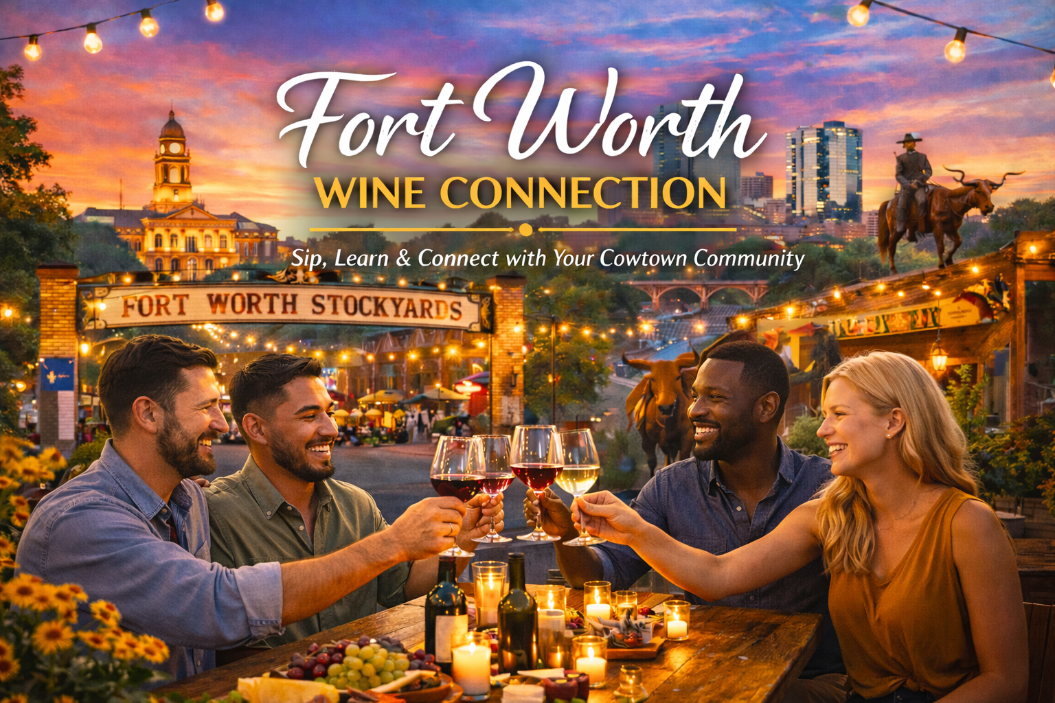People enjoying wine at an outdoor restaurant in Fort Worth, Texas, with city skyline and historic buildings in the background during sunset.