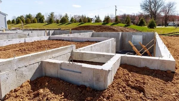 The photo shows a construction site with concrete foundation walls and framing for a building, with dirt and soil around the foundation, and a clear sky with some trees and power lines in the background.
