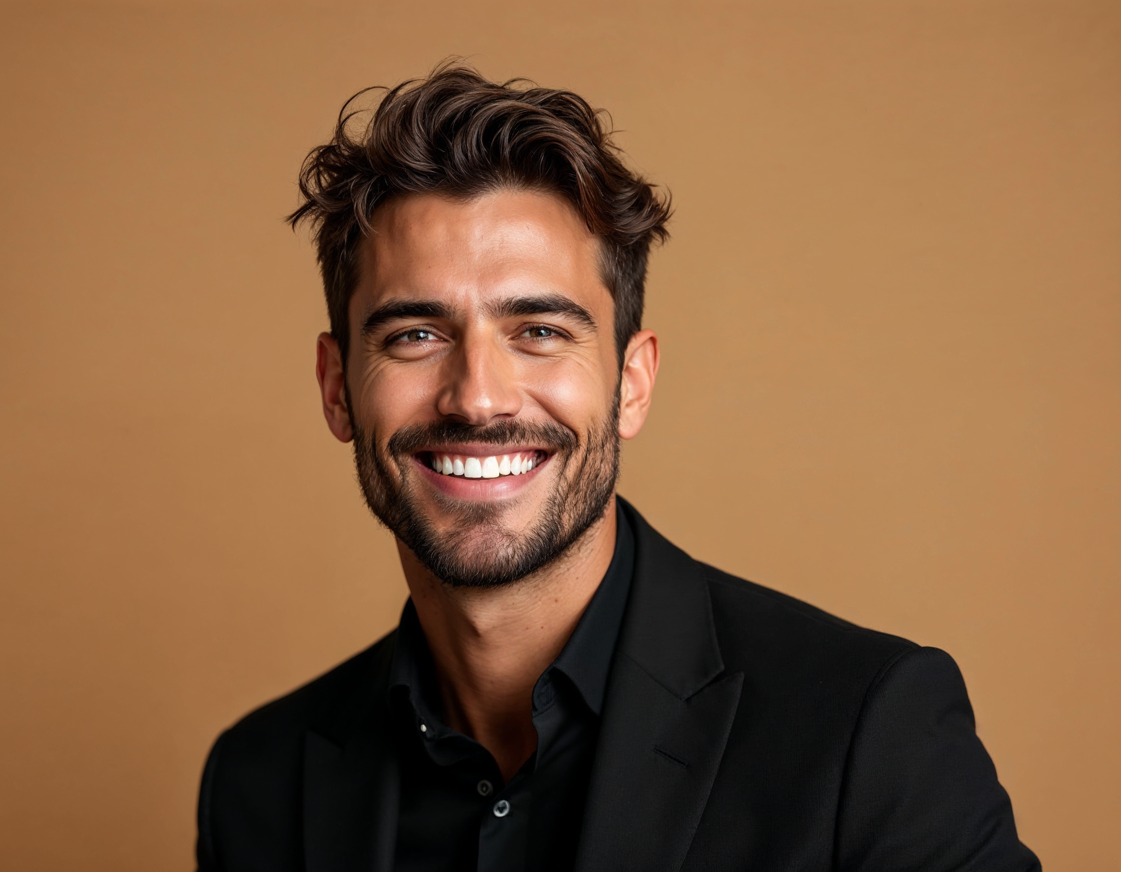 Close-up of a smiling man with dark, wavy hair and a beard, wearing a black shirt against a beige background.