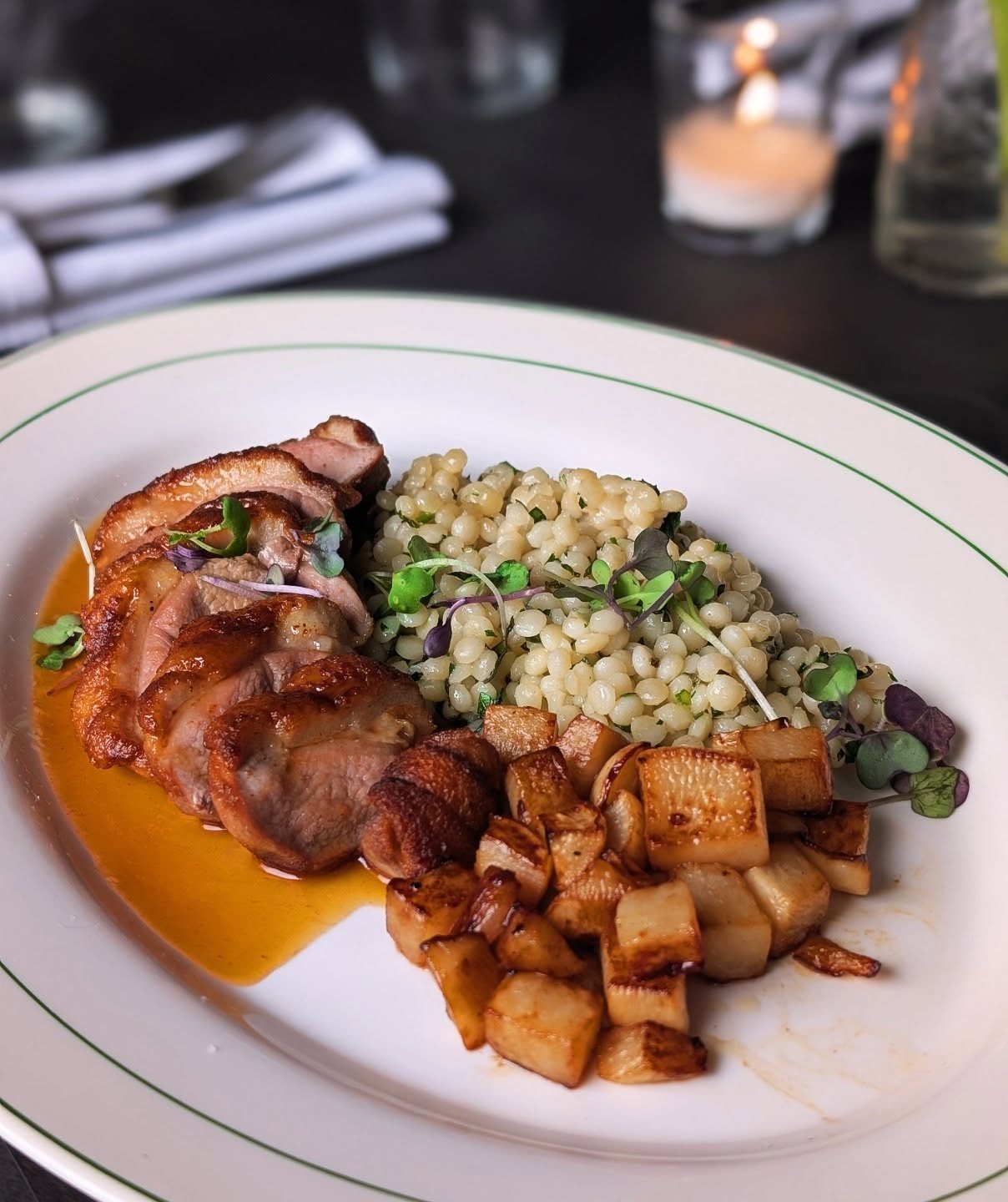Seared Duck Breast &bull; blood orange gastrique, marsala &amp; butter braised turnips, creamy parsnip potato puree